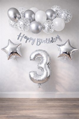 Gümüş Konsept 3 Yaş Doğum Günü Kutlama Seti Beyaz Gümüş Konfetili Balon Rakam Yıldız Folyo ve Banner
