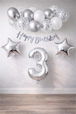 Gümüş Konsept 3 Yaş Doğum Günü Kutlama Seti Beyaz Gümüş Konfetili Balon Rakam Yıldız Folyo ve Banner