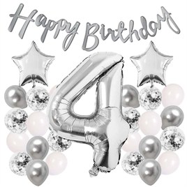 Gümüş Konsept 4 Yaş Doğum Günü Kutlama Seti Beyaz Gümüş Konfetili Balon Rakam Yıldız Folyo ve Banner