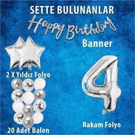 Gümüş Konsept 4 Yaş Doğum Günü Kutlama Seti Beyaz Gümüş Konfetili Balon Rakam Yıldız Folyo ve Banner