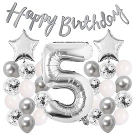 Gümüş Konsept 5 Yaş Doğum Günü Kutlama Seti Beyaz Gümüş Konfetili Balon Rakam Yıldız Folyo ve Banner
