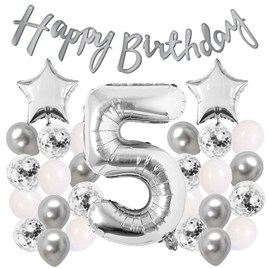 Gümüş Konsept 5 Yaş Doğum Günü Kutlama Seti Beyaz Gümüş Konfetili Balon Rakam Yıldız Folyo ve Banner