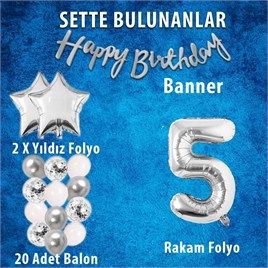 Gümüş Konsept 5 Yaş Doğum Günü Kutlama Seti Beyaz Gümüş Konfetili Balon Rakam Yıldız Folyo ve Banner