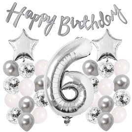 Gümüş Konsept 6 Yaş Doğum Günü Kutlama Seti Beyaz Gümüş Konfetili Balon Rakam Yıldız Folyo ve Banner