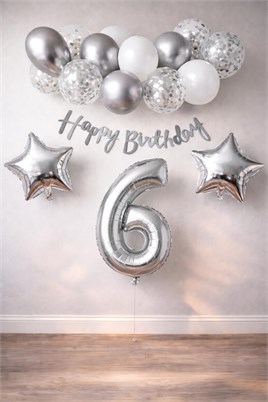 Gümüş Konsept 6 Yaş Doğum Günü Kutlama Seti Beyaz Gümüş Konfetili Balon Rakam Yıldız Folyo ve Banner