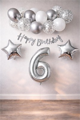 Gümüş Konsept 6 Yaş Doğum Günü Kutlama Seti Beyaz Gümüş Konfetili Balon Rakam Yıldız Folyo ve Banner