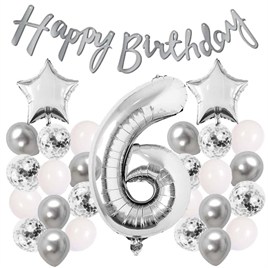 Gümüş Konsept 6 Yaş Doğum Günü Kutlama Seti Beyaz Gümüş Konfetili Balon Rakam Yıldız Folyo ve Banner