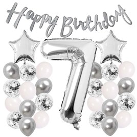 Gümüş Konsept 7 Yaş Doğum Günü Kutlama Seti Beyaz Gümüş Konfetili Balon Rakam Yıldız Folyo ve Banner