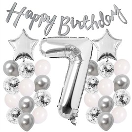 Gümüş Konsept 7 Yaş Doğum Günü Kutlama Seti Beyaz Gümüş Konfetili Balon Rakam Yıldız Folyo ve Banner
