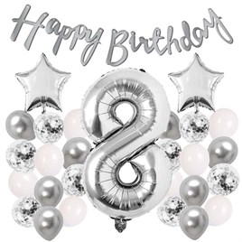 Gümüş Konsept 8 Yaş Doğum Günü Kutlama Seti Beyaz Gümüş Konfetili Balon Rakam Yıldız Folyo ve Banner