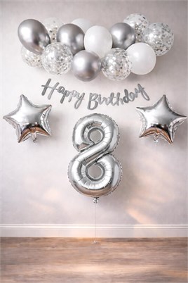 Gümüş Konsept 8 Yaş Doğum Günü Kutlama Seti Beyaz Gümüş Konfetili Balon Rakam Yıldız Folyo ve Banner