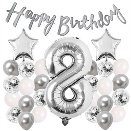Gümüş Konsept 8 Yaş Doğum Günü Kutlama Seti Beyaz Gümüş Konfetili Balon Rakam Yıldız Folyo ve Banner