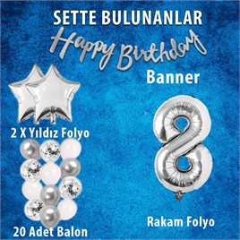 Gümüş Konsept 8 Yaş Doğum Günü Kutlama Seti Beyaz Gümüş Konfetili Balon Rakam Yıldız Folyo ve Banner