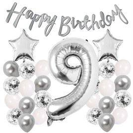 Gümüş Konsept 9 Yaş Doğum Günü Kutlama Seti Beyaz Gümüş Konfetili Balon Rakam Yıldız Folyo ve Banner