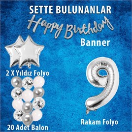 Gümüş Konsept 9 Yaş Doğum Günü Kutlama Seti Beyaz Gümüş Konfetili Balon Rakam Yıldız Folyo ve Banner