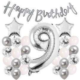 Gümüş Konsept 9 Yaş Doğum Günü Kutlama Seti Beyaz Gümüş Konfetili Balon Rakam Yıldız Folyo ve Banner