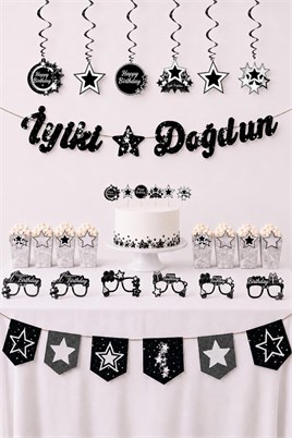 Gümüş Yıldız Temalı Doğum Günü Parti Seti – İyi Ki Doğdun Banner, Tavan Sarkıt, Gözlük, Pasta Süsü ve Mısır Kutusu