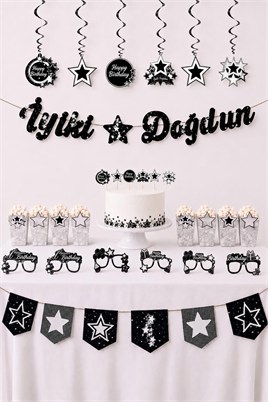 Gümüş Yıldız Temalı Doğum Günü Parti Seti – İyi Ki Doğdun Banner, Tavan Sarkıt, Gözlük, Pasta Süsü ve Mısır Kutusu