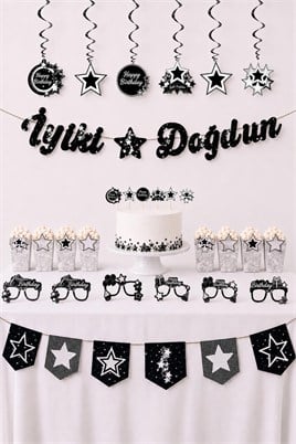 Gümüş Yıldız Temalı Doğum Günü Parti Seti – İyi Ki Doğdun Banner, Tavan Sarkıt, Gözlük, Pasta Süsü ve Mısır Kutusu