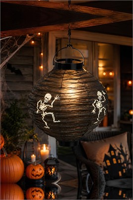 Halloween 20 cm Led Işıklı İskelet Desenli Siyah Renk Kağıt Japon Feneri