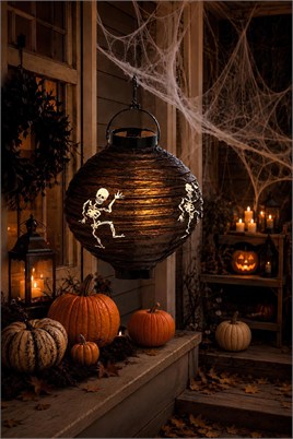Halloween 20 cm Led Işıklı İskelet Desenli Siyah Renk Kağıt Japon Feneri