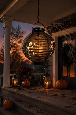 Halloween 20 cm Led Işıklı İskelet Desenli Siyah Renk Kağıt Japon Feneri