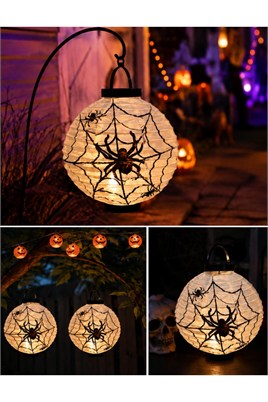 Halloween 20 cm Led Işıklı Örümcek Desenli Beyaz Renk Kağıt Japon Feneri