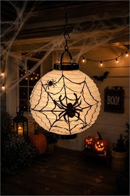 Halloween 20 cm Led Işıklı Örümcek Desenli Beyaz Renk Kağıt Japon Feneri