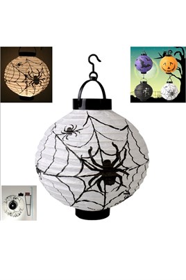 Halloween 20 cm Led Işıklı Örümcek Desenli Beyaz Renk Kağıt Japon Feneri
