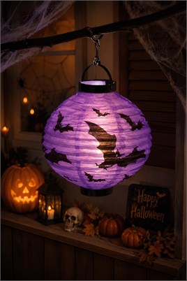 Halloween 20 cm Led Işıklı Yarasa Desenli Mor Renk Kağıt Japon Feneri