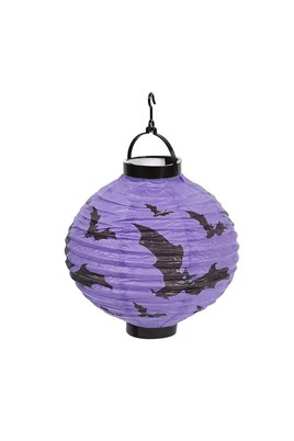 Halloween 20 cm Led Işıklı Yarasa Desenli Mor Renk Kağıt Japon Feneri
