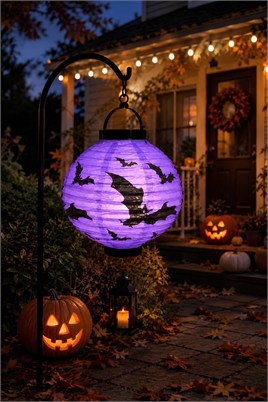 Halloween 20 cm Led Işıklı Yarasa Desenli Mor Renk Kağıt Japon Feneri