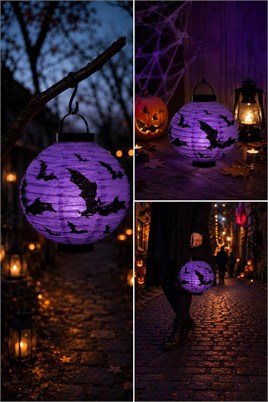 Halloween 20 cm Led Işıklı Yarasa Desenli Mor Renk Kağıt Japon Feneri
