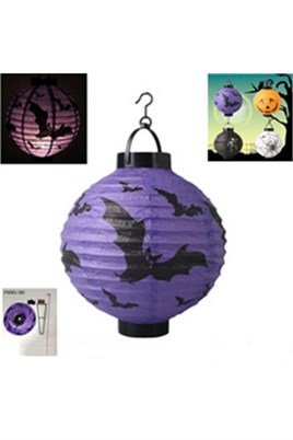 Halloween 20 cm Led Işıklı Yarasa Desenli Mor Renk Kağıt Japon Feneri