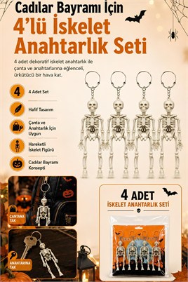 Halloween Cadılar Bayramı 4lü İskelet Anahtarlık Seti – Hareketli İskelet Çanta ve Anahtar Süsü