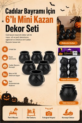 Halloween Cadılar Bayramı 6’lı Mini Kazan Dekor Seti – Siyah Cadı Kazanı Süsü