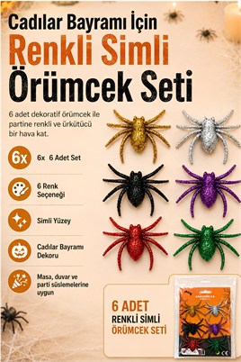 Halloween Cadılar Bayramı 6lı Renkli Simli Örümcek Süs Seti – 5x6 Cm Dekoratif Örümcek