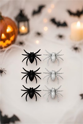 Halloween Cadılar Bayramı 6'lı Simli Örümcek Süs Seti – Siyah ve Gümüş Dekoratif Örümcek 5x6 Cm