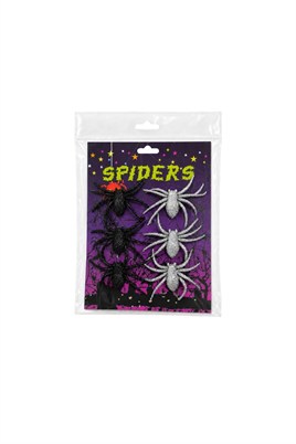Halloween Cadılar Bayramı 6lı Simli Örümcek Süs Seti – Siyah ve Gümüş Dekoratif Örümcek 5x6 Cm