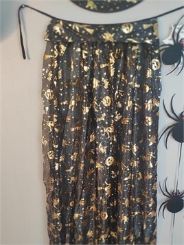 Halloween Cadılar Bayramı Gold Desenli Cadı Şapka ve Pelerin Set