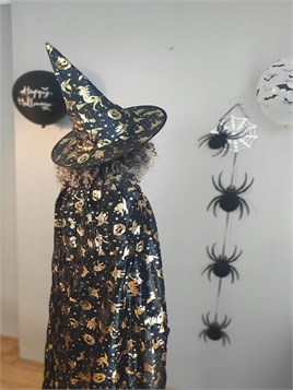 Halloween Cadılar Bayramı Gold Desenli Cadı Şapka ve Pelerin Set