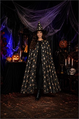 Halloween Cadılar Bayramı Gold Desenli Cadı Şapka ve Pelerin Set