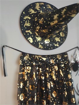 Halloween Cadılar Bayramı Gold Desenli Cadı Şapka ve Pelerin Set