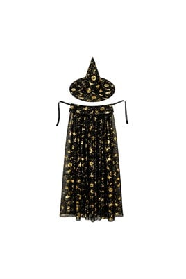 Halloween Cadılar Bayramı Gold Desenli Cadı Şapka ve Pelerin Set