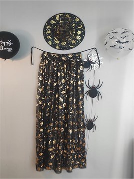 Halloween Cadılar Bayramı Gold Desenli Cadı Şapka ve Pelerin Set