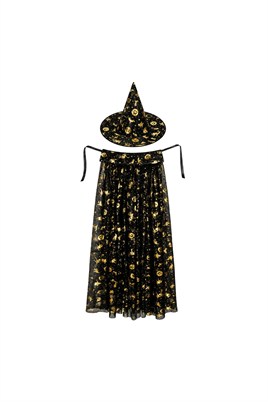 Halloween Cadılar Bayramı Gold Desenli Cadı Şapka ve Pelerin Set