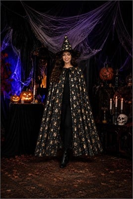 Halloween Cadılar Bayramı Gold Desenli Cadı Şapka ve Pelerin Set
