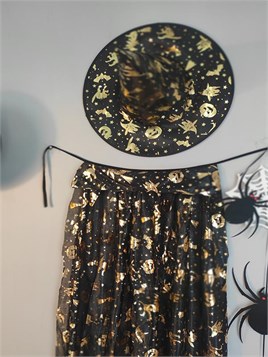 Halloween Cadılar Bayramı Gold Desenli Cadı Şapka ve Pelerin Set