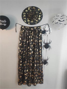 Halloween Cadılar Bayramı Gold Desenli Cadı Şapka ve Pelerin Set