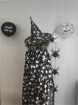 Halloween Cadılar Bayramı Gümüş Desenli Cadı Şapka ve Pelerin Set
